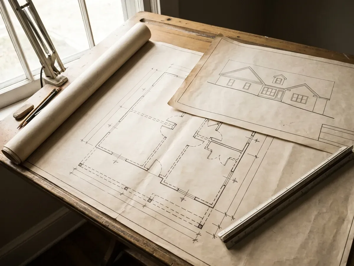 Barndominium floor plan and elevation drawings laid out on a drafting table with a scale rule.