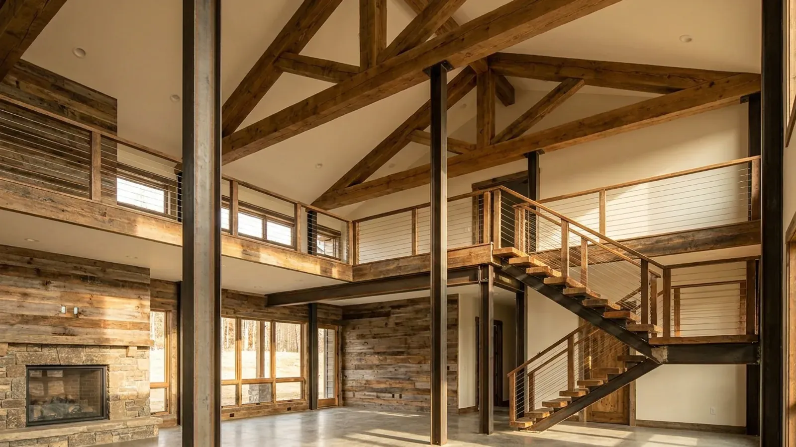 A barndominium great room with an open loft level and railing built over part of the room, reached by an open staircase.