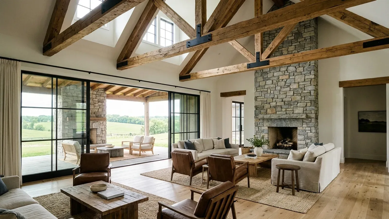 A vaulted barndominium great room with exposed wood trusses, a wall of glazed sliding doors, and a fieldstone fireplace wall.